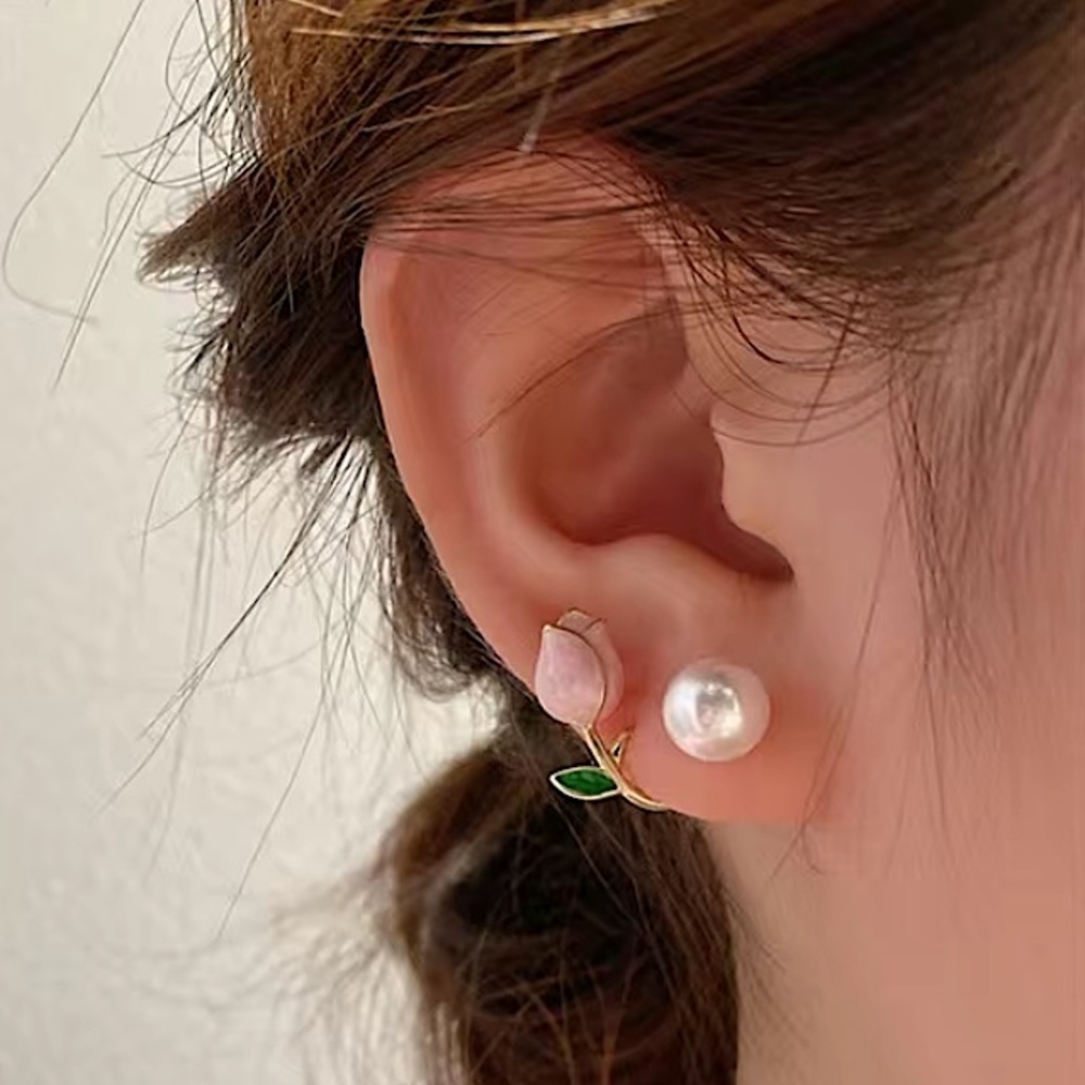 Pink Tulip & Pearl Earrings - Picture 1 of 4